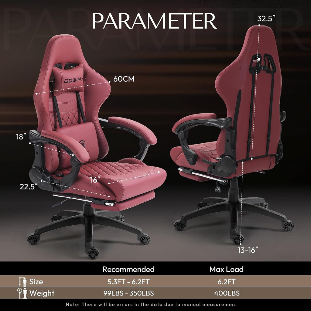 Dowinx Big & Tall Vintage Gaming Chair for Adults, 400 lb Capacity Heavy Duty Ergonomic Computer Chair with Massage Lumbar, Footrest & Easy Side Recline, Red