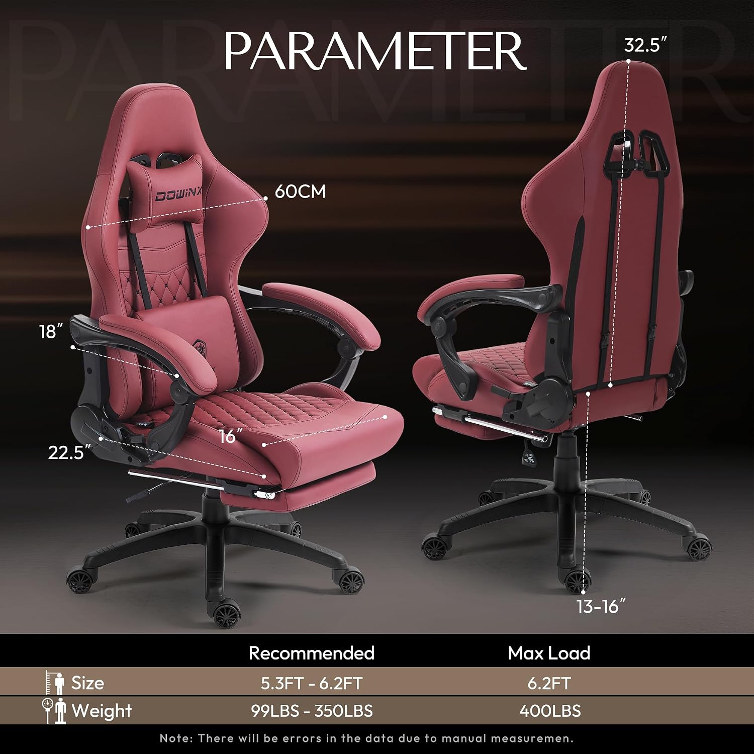 Dowinx Big & Tall Vintage Gaming Chair for Adults, 400 lb Capacity Heavy Duty Ergonomic Computer Chair with Massage Lumbar, Footrest & Easy Side Recline, Red