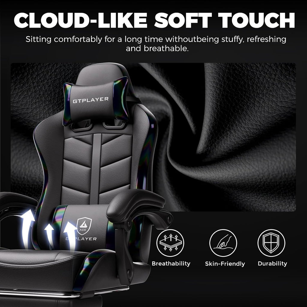 GTPLAYER Gaming Chair with Footrest, Computer Gaming Chair for Adults and Kids, Height Adjustable Gamer Chair with 90-155° Recline & Removable Headrest Lumbar Support,Colorful Black