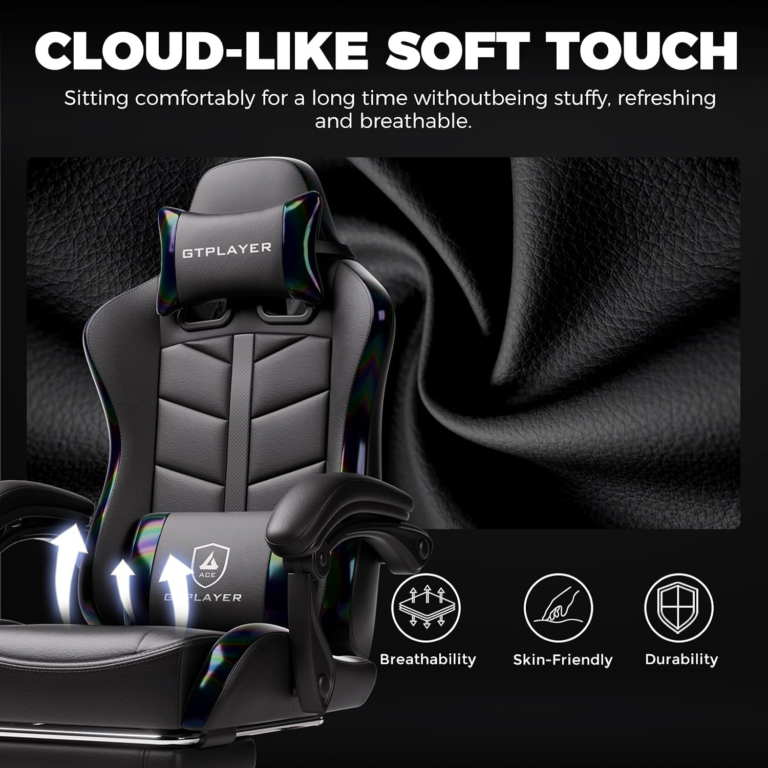 GTPLAYER Gaming Chair with Footrest, Computer Gaming Chair for Adults and Kids, Height Adjustable Gamer Chair with 90-155° Recline & Removable Headrest Lumbar Support,Colorful Black