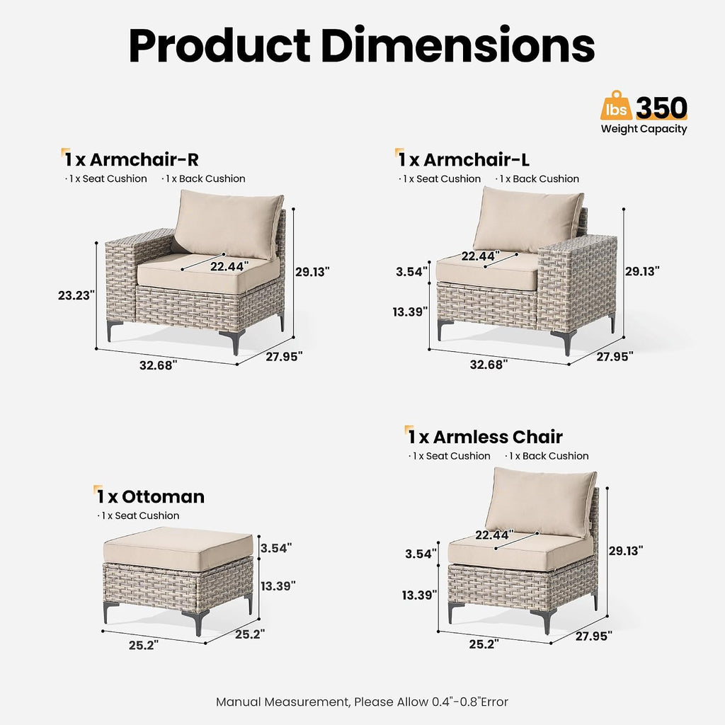 ovios 4-Piece Patio Furniture Set with L-Shape Sofa Chaise, Outdoor Sectional Couch Comfy Cushions, Modern Modular Wicker Rattan Conversation Set, Beige
