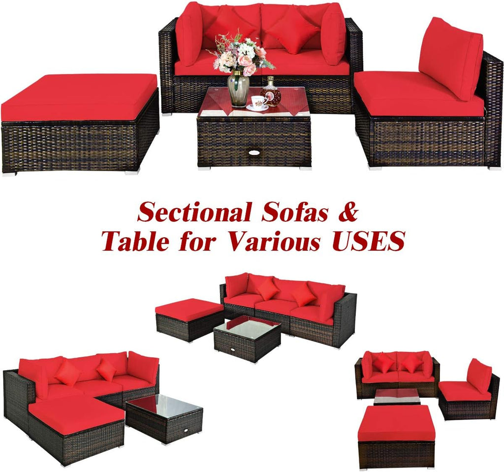 COSTWAY 5-Piece Outdoor Patio Furniture Set, Glass Top Coffee Table and Lounge Sofa with Cushions, PE Rattan Conversation Set for Garden, Deck, Backyard (Red)