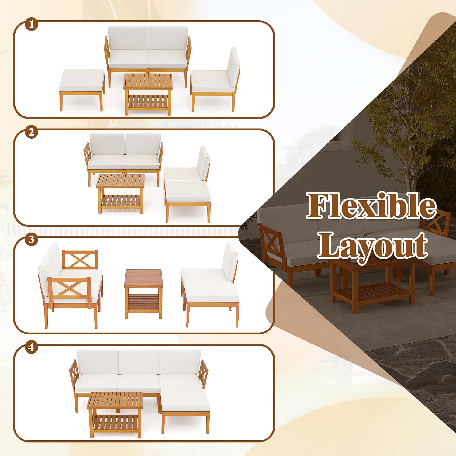 HAPPYGRILL 5 Pieces Acacia Wood Patio Furniture Set, Outdoor Sectional Couch with 2-Tier Coffee Table and Cushions, L Shaped Outdoor Conversation Set for Porch, Garden, Backyard