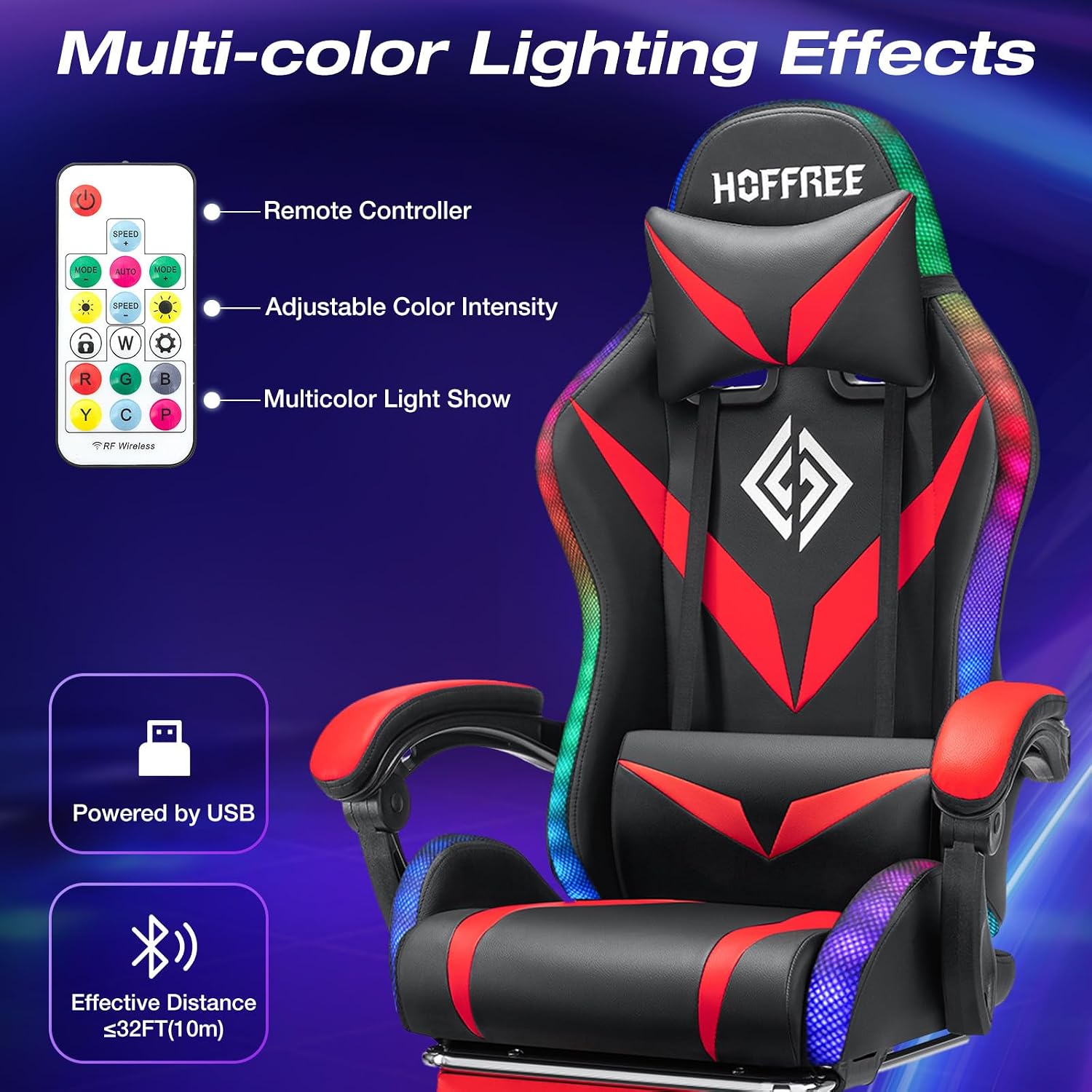 HOFFREE Gaming Chair with LED RGB Lights Massage Ergonomic Video Game Chairs with Footrest High Back Reclining Computer Chair with Adjustable Lumbar Support Red and Black