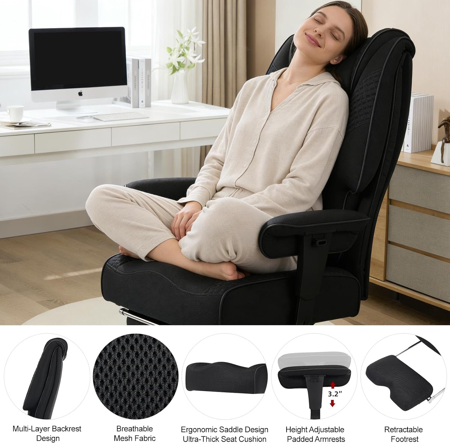 EXCEBET Big and Tall Office Chair 400lbs Wide Seat, Leather High Back Executive Office Chair with Lumbar Support, Ergonomic Chairs Padded Armrests & Thick Cushion (Mesh Dark Black)