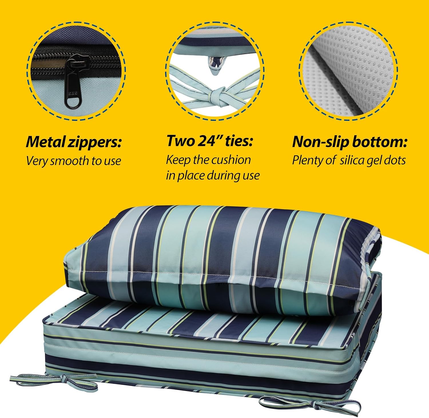 AAAAAcessories Outdoor Seat Cushions for Chairs, Fade-Resistant, Waterproof Patio Furniture Replacement Cushions, 24' x 24' x 5' + 24' x 13.5', Set of 4, Ash Teal Seaside Stripe