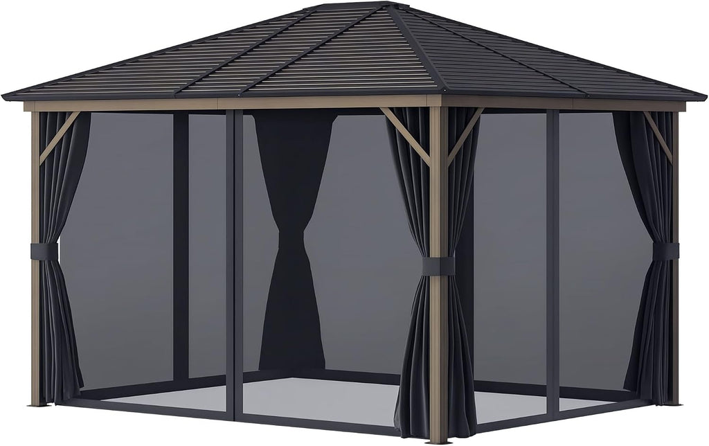 Outsunny 10' x 12' Hardtop Gazebo with Curtains and Netting, Permanent Pavilion Metal Single Roof Gazebo Canopy with Aluminum Frame and Hooks, for Garden, Patio, Backyard, Dark Gray