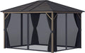 Outsunny 10' x 12' Hardtop Gazebo with Curtains and Netting, Permanent Pavilion Metal Single Roof Gazebo Canopy with Aluminum Frame and Hooks, for Garden, Patio, Backyard, Dark Gray