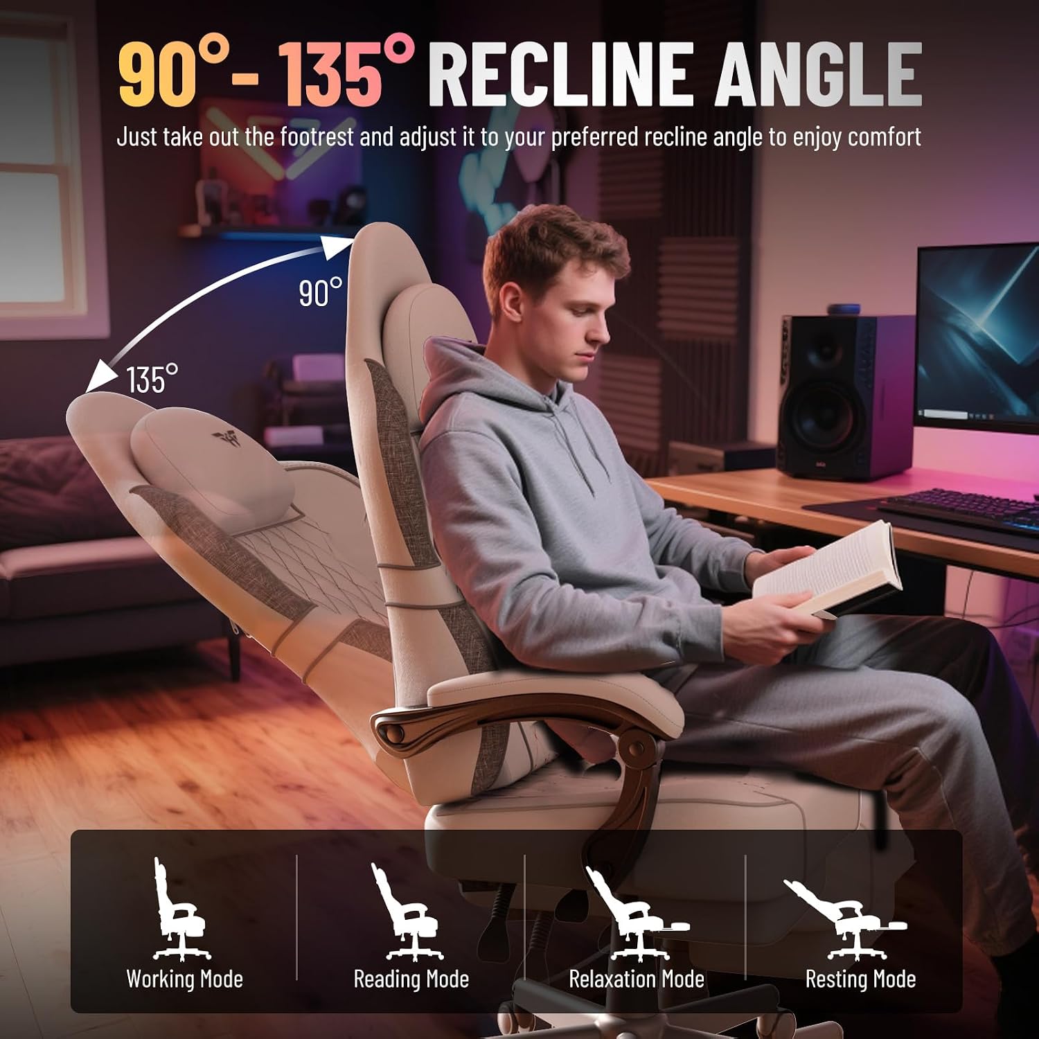 Ferghana Gaming Chair, Breathable Fabric Computer Chair with Footrest and Linkage Armrest, Ergonomic Office Game Chair with Massage Lumbar Support for Adult, White