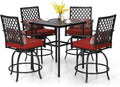 PHI VILLA 5 Piece Patio Bar Hight Dining Set for 4, Outdoor Bar Set with 4 Swivel Cushioned Bar Stools and 1 Square Metal Bar Table(1.9' Umbrella Hole) for Lawn Garden