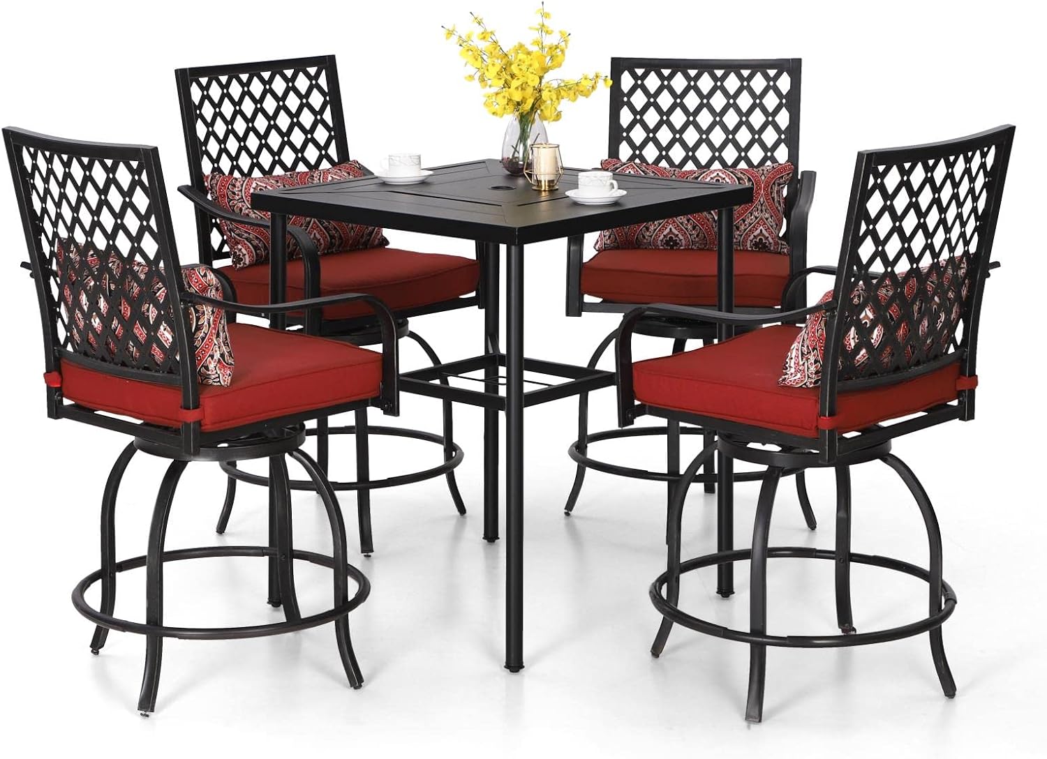 PHI VILLA 5 Piece Patio Bar Hight Dining Set for 4, Outdoor Bar Set with 4 Swivel Cushioned Bar Stools and 1 Square Metal Bar Table(1.9' Umbrella Hole) for Lawn Garden