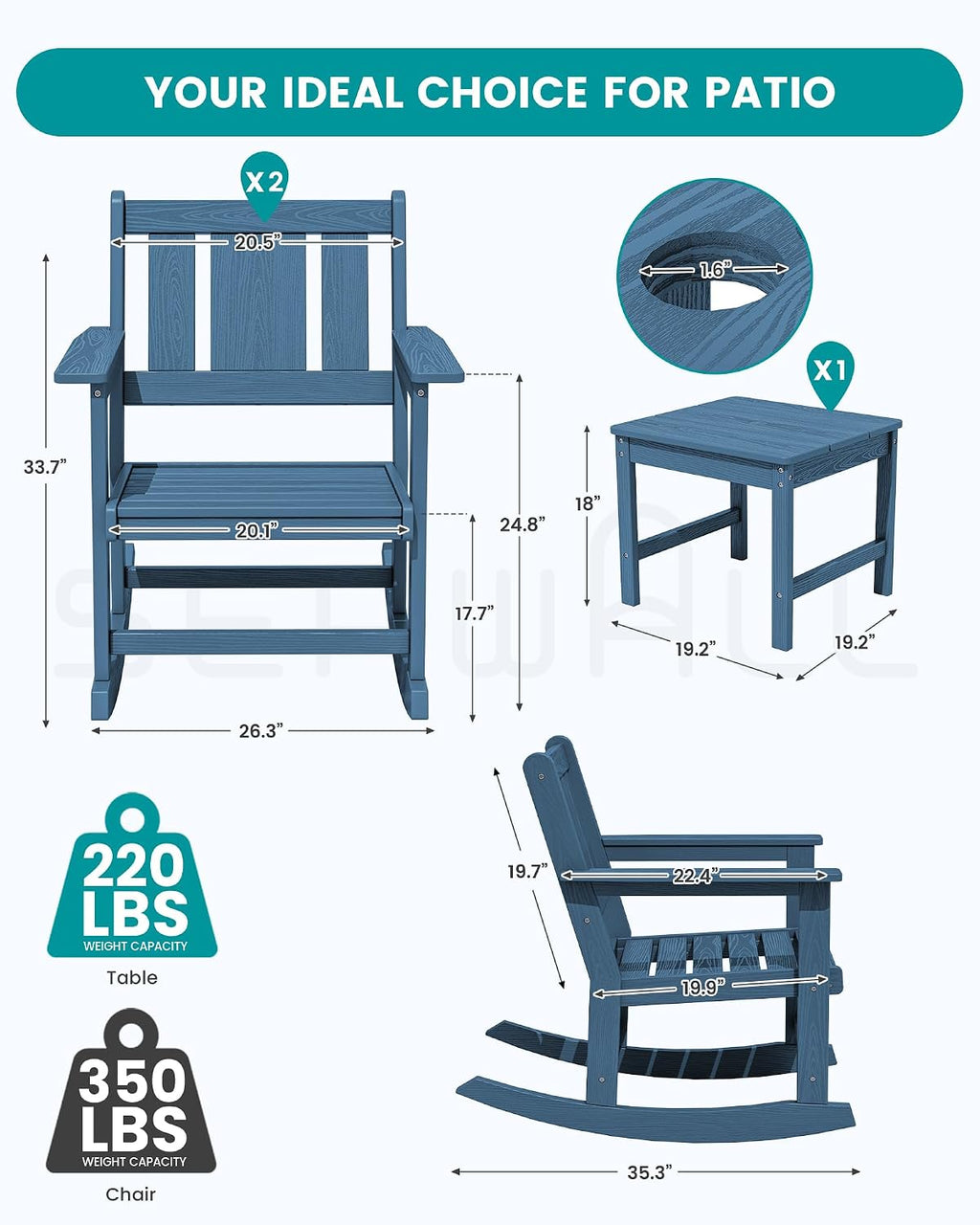 SERWALL Outdoor Rocking Chairs Set of 2 with Side Table, All-Weather HDPE 3 Piece Patio Furniture Set, Outdoor Bistro Set with Umbrella Hole for Porch Deck Lawn Balcony, Navy
