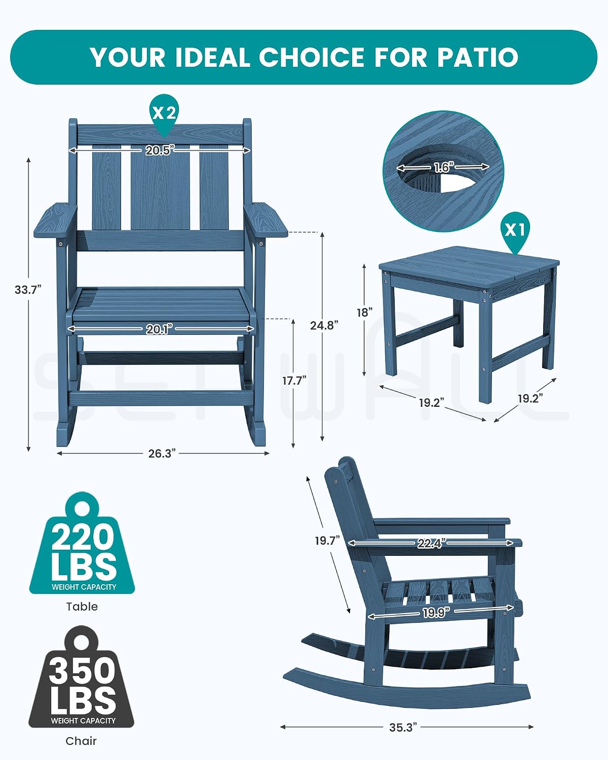 SERWALL Outdoor Rocking Chairs Set of 2 with Side Table, All-Weather HDPE 3 Piece Patio Furniture Set, Outdoor Bistro Set with Umbrella Hole for Porch Deck Lawn Balcony, Navy