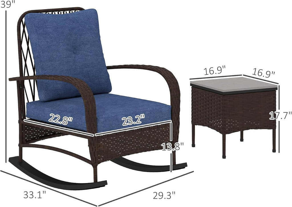 Outsunny 3 Piece Wicker Patio Furniture Set, PE Rattan Rocking Chairs with Coffee Table, Cushions, Outdoor Bistro Set for Porch, Garden, Poolside, Brown