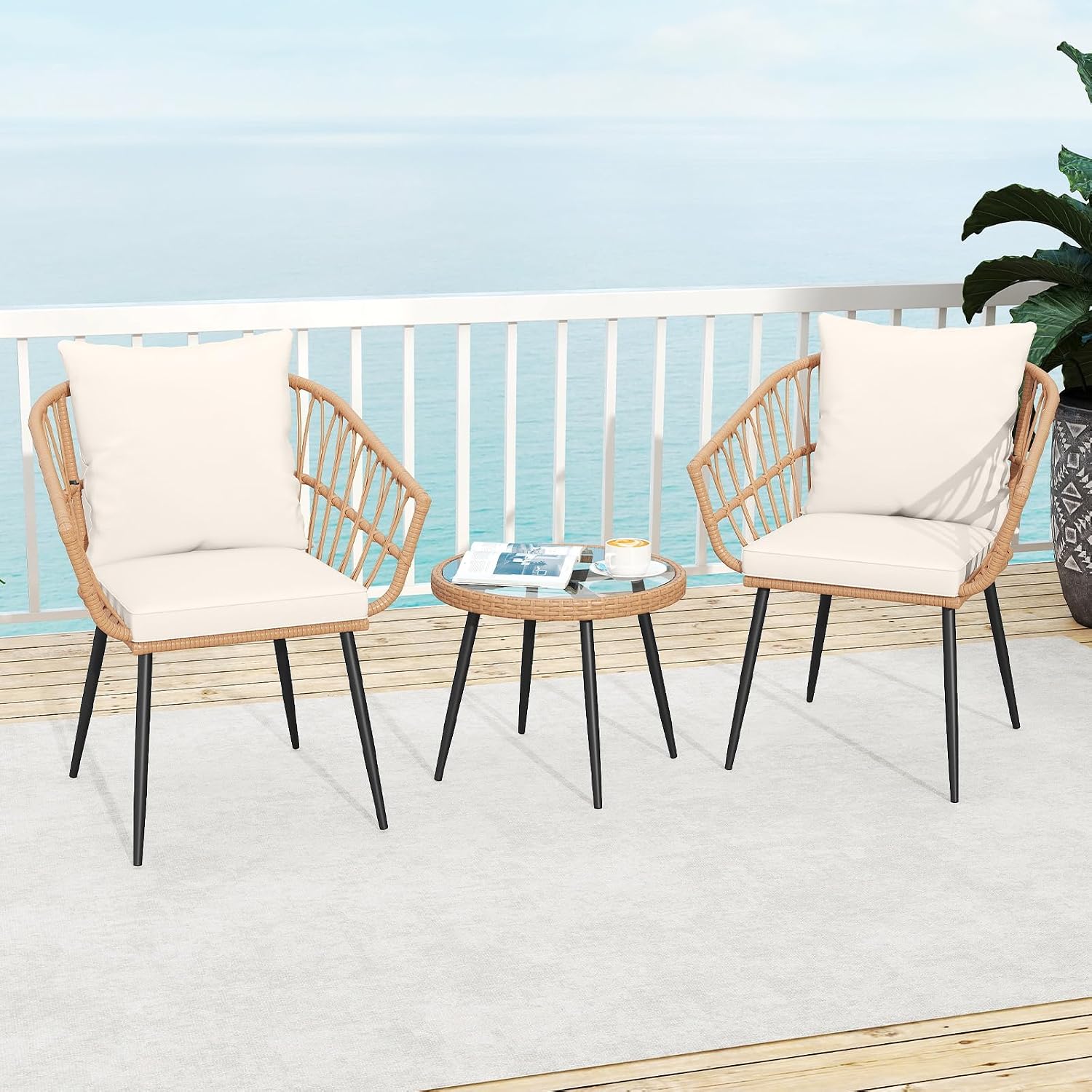 Tangkula 3 Piece Patio Bistro Set, PE Rattan Conversation Chairs with Round Glass Table & Soft Cushions, Outdoor Patio Furniture Set with Metal Frame for Balcony, Garden (Off White, 16.5 × 15.5 Inch)