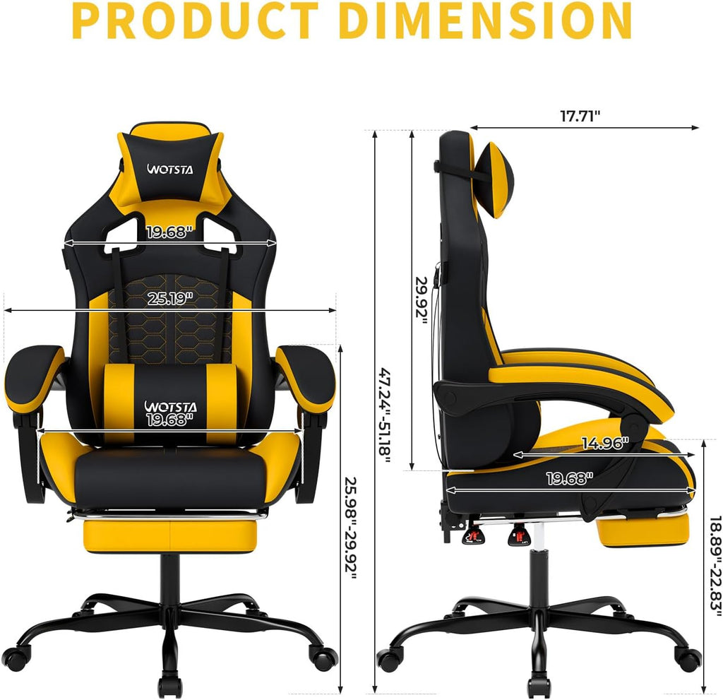 Gaming Chair with Massage,Ergonomic PC Gaming Chair with Footrest Comfortable Headrest and Lumbar Support,High Back Game Chair PVC Leather,300LBS (BlackYellow)