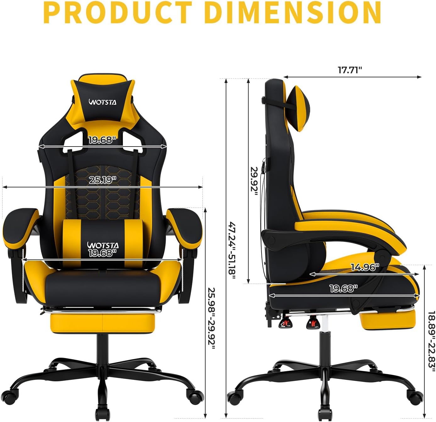 Gaming Chair with Massage,Ergonomic PC Gaming Chair with Footrest Comfortable Headrest and Lumbar Support,High Back Game Chair PVC Leather,300LBS (BlackYellow)