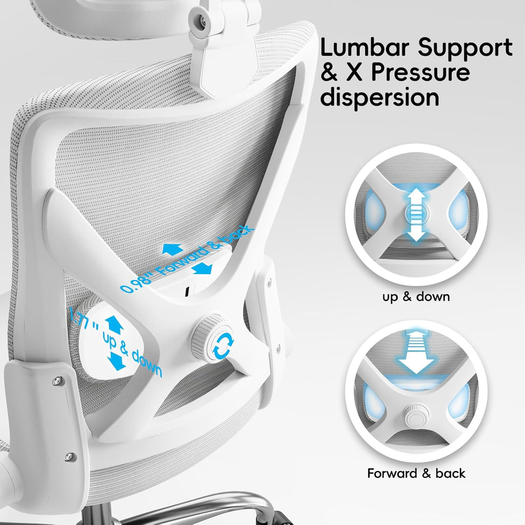 Ergalithic Office Home Ergonomic Desk Chair-Computer X-Shaped Chair Mesh PU Leather with Adjustable Lumbar Support-Executive Chair High Back with Headrest Flip-Up Arms for Long Hours (White)