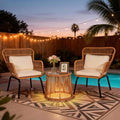 3 Piece Outdoor Wicker Furniture Bistro Set, Rattan Chairs Conversation Sets with Solar Light, Wicker Patio Furniture for Balcony Poolside Backyard, Beige