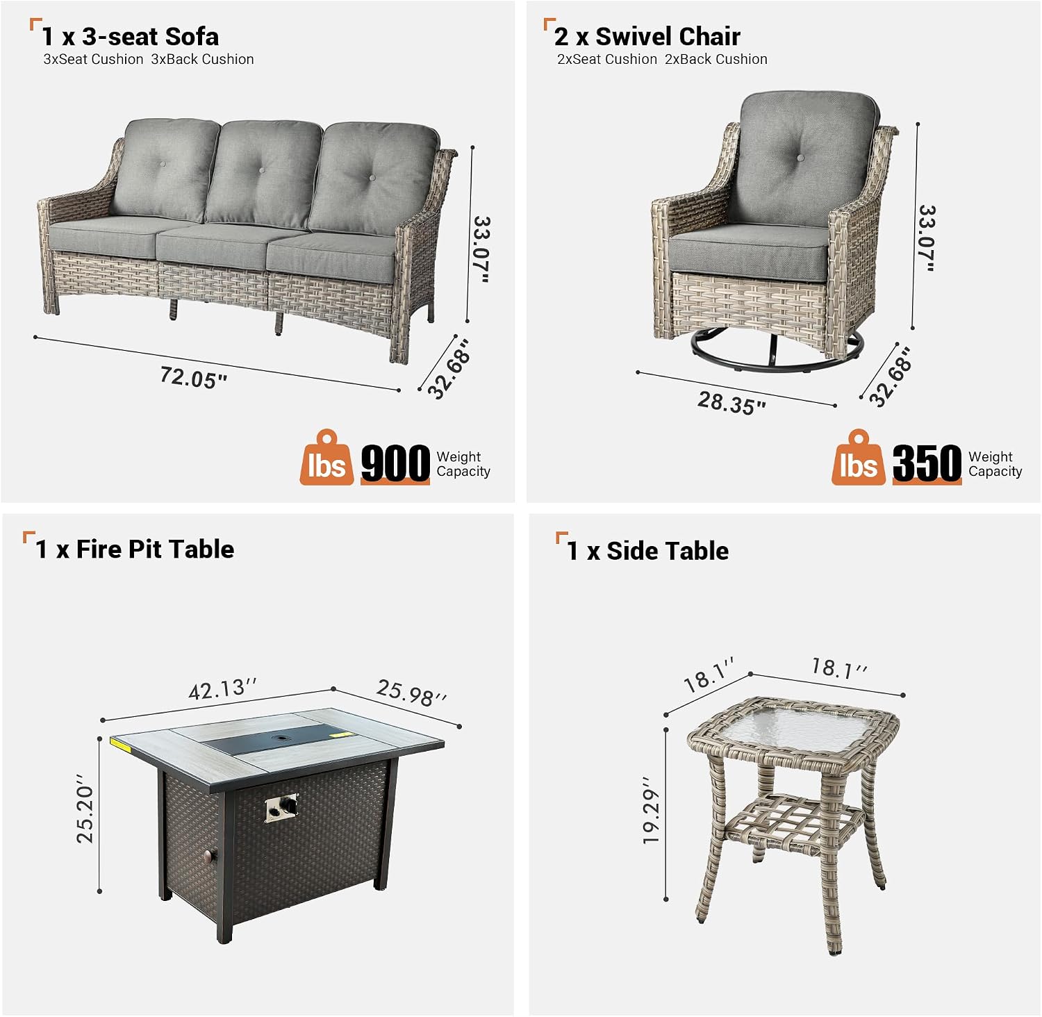 ovios Outdoor 5 Piece Patio Furniture with Fire Pit Table,Wicker Coversation Set with Swivel Rocking Chair,Comfy Sectional Deep Sofa for Outside Porch Balcony Backyard Pool,Dark Grey