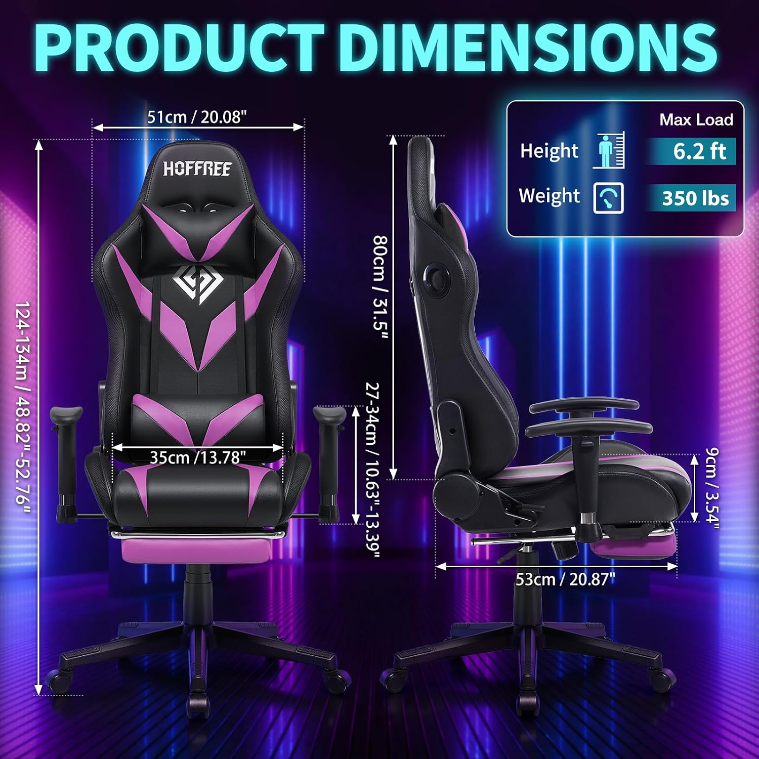 HOFFREE Gaming Chair with Bluetooth Speakers and Led Lights Massage Video Game Chair with Footrest Reclining High Back Computer Gamer Chair Purple and Black