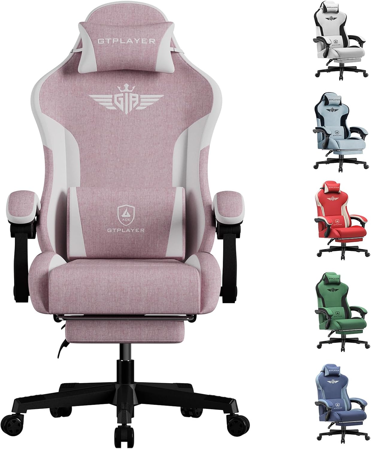 GTPLAYER Gaming Chair, Computer Office Chair Lumbar Support, Linkage Armrests and Footrest, Ergonomic Game Chair for Adults with Extended Backrest, Linen Fabric, Pink