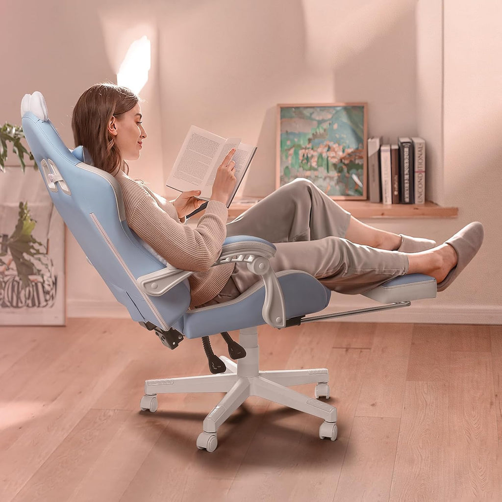 PUKAMI Gaming Chair with Cat Ears,Cute Computer Chair for Girl with Footrest,Ergonomic Gamer Chair, Kawaii Gaming Chair, Game Chair (Blue)