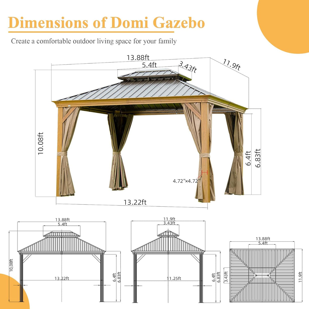Domi 12' x 14' Hardtop Gazebo Permanent Aluminum Gazebo with Wood-Looking Frame, Galvanized Steel Double Roof, Curtains and Netting for Patio, Lawn, and Garden