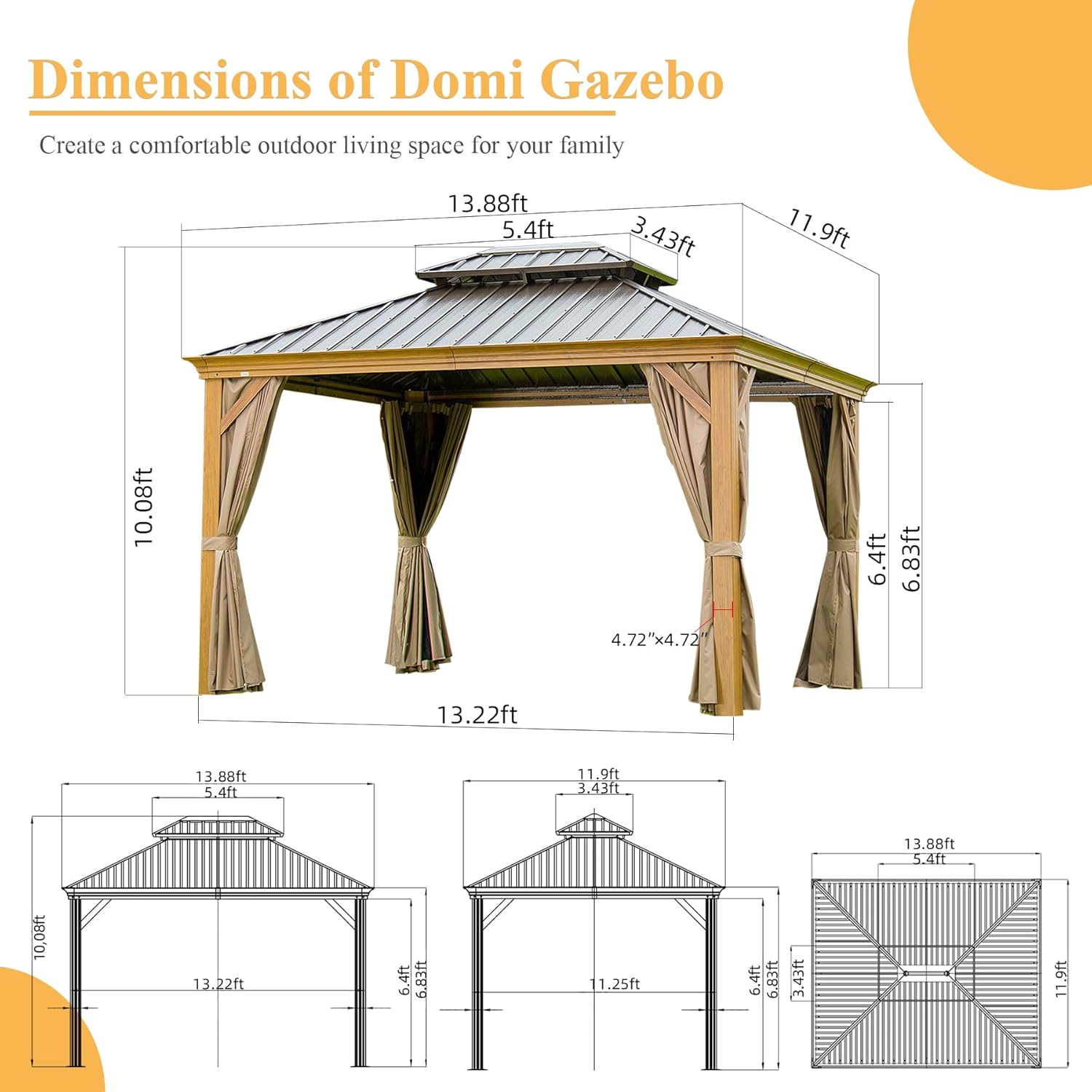 Domi 12' x 14' Hardtop Gazebo Permanent Aluminum Gazebo with Wood-Looking Frame, Galvanized Steel Double Roof, Curtains and Netting for Patio, Lawn, and Garden