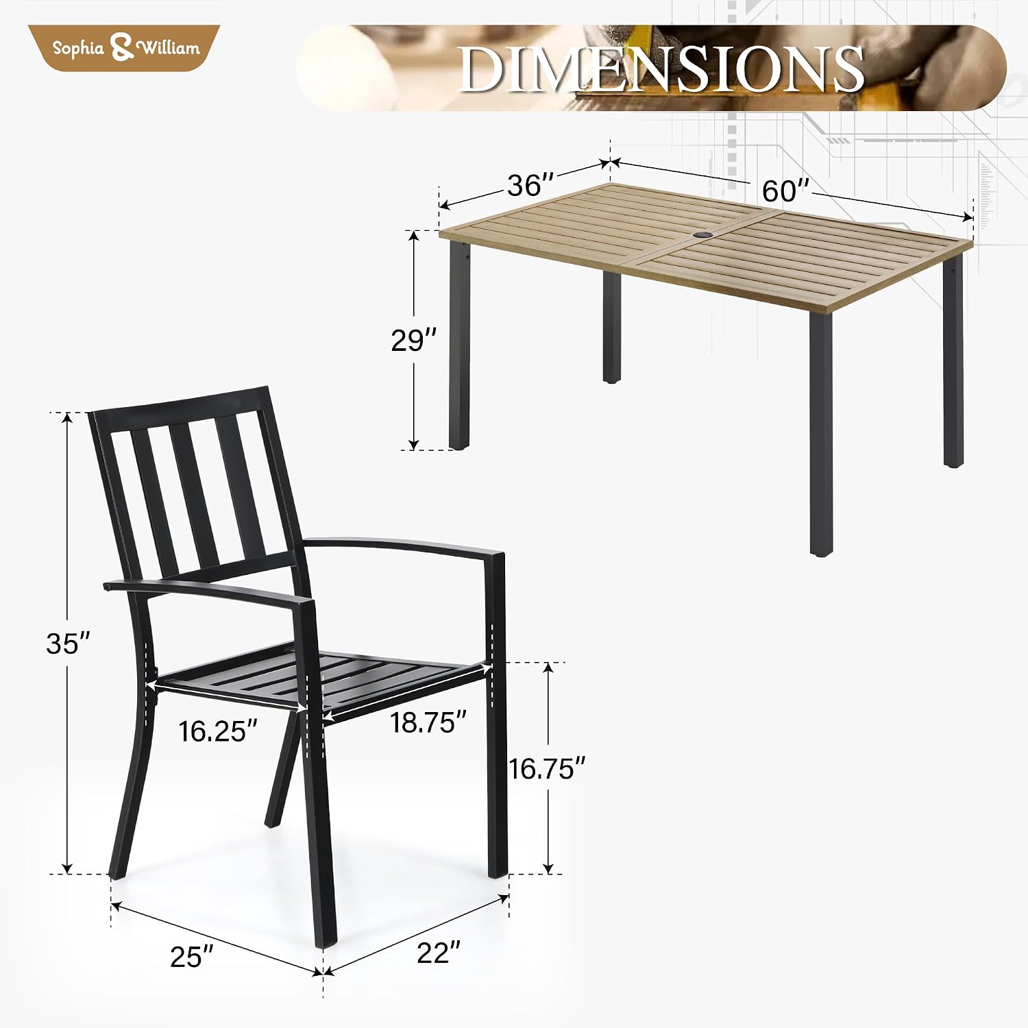 Sophia & William Patio Table and Chairs Set, Outdoor Dining Set for 6, 7 Piece Metal Patio Furniture, 60' Rectangular Table with Wood-Like Tabletop(Stripe)
