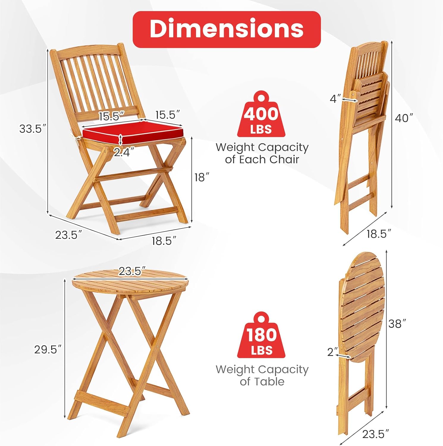 Giantex 3Pcs Patio Bistro Set, Wood Folding Table Set, 2 Cushioned Chairs for Garden Yard, Outdoor Furniture Round Table, Natural & Red