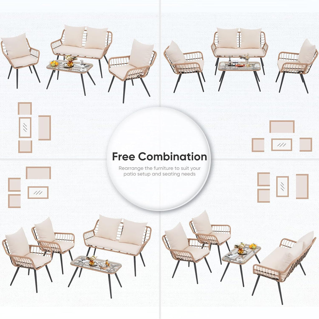Verano Garden 4 Pieces Patio Furniture Set, Outdoor Wicker Patio Conversation Set for Porch Deck, Boho Loveseat & 2 Armchairs with Cushion and Pillow, Tempered Glass Table