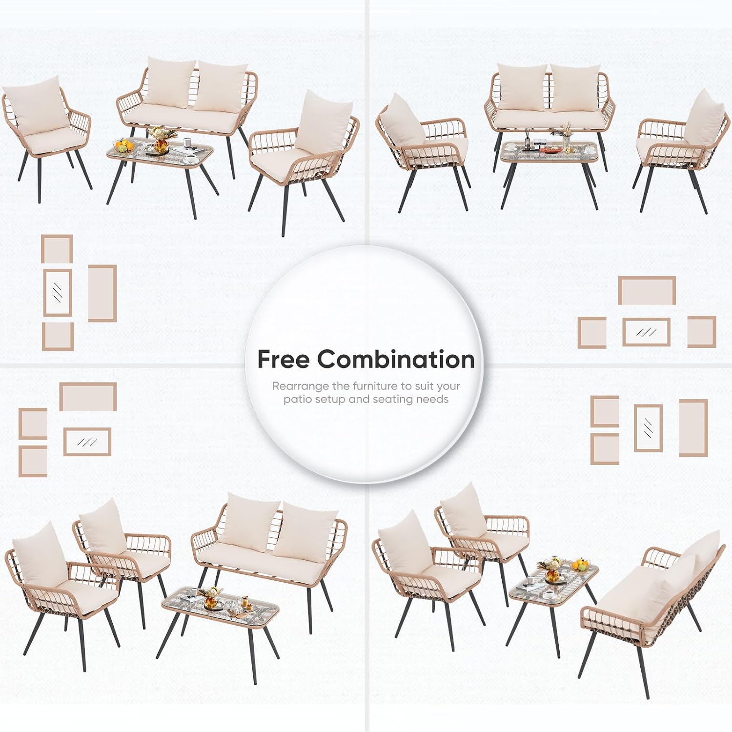 Verano Garden 4 Pieces Patio Furniture Set, Outdoor Wicker Patio Conversation Set for Porch Deck, Boho Loveseat & 2 Armchairs with Cushion and Pillow, Tempered Glass Table