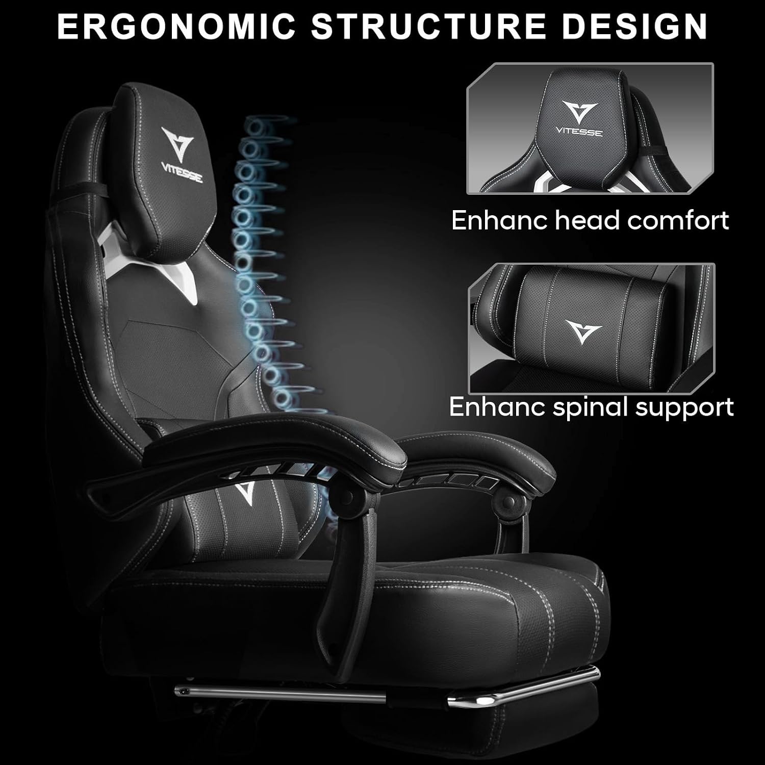 VITESSE Big and Tall Gaming Chair 400lb Weight Capacity with Footrest, Ergonomic Video Game Chair for Adults with Oversized Headrest and Lumbar Pillow, Computer Chair Gaming for Office (Black+White)