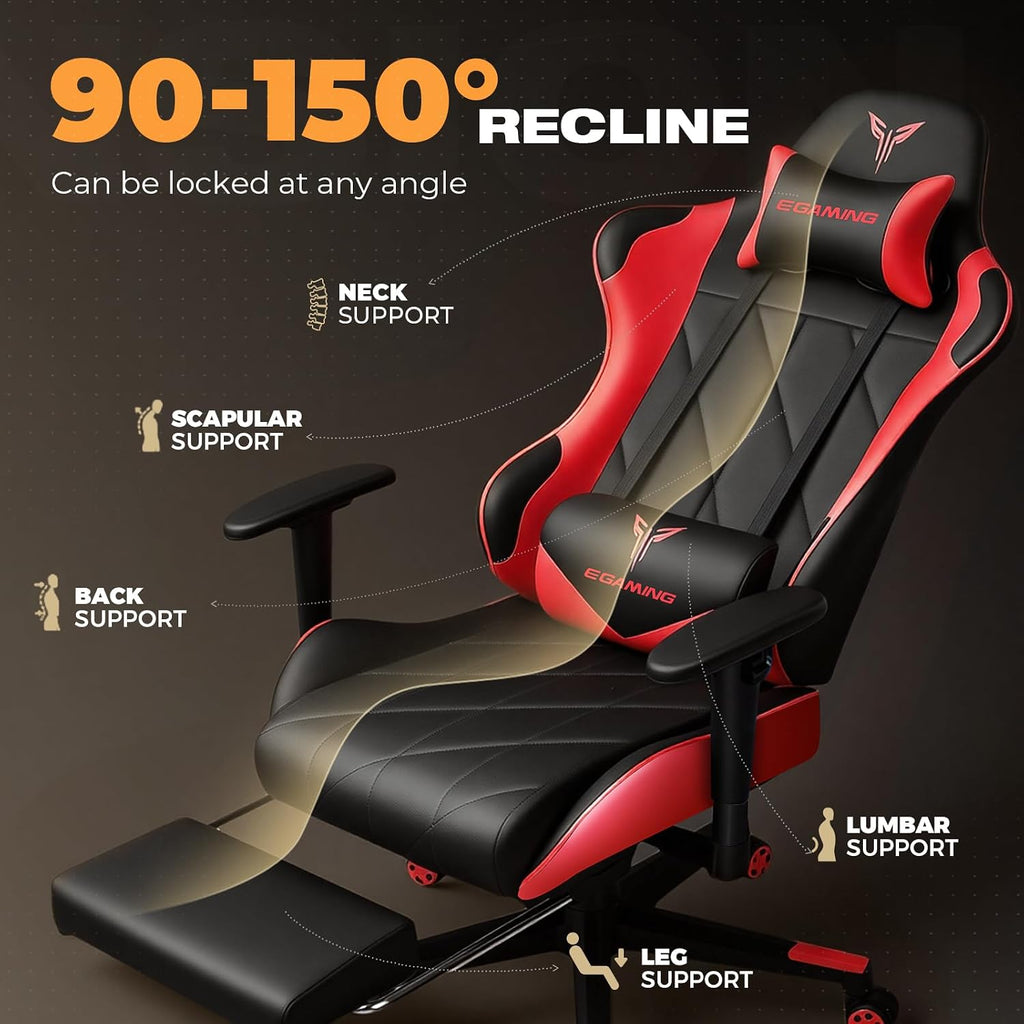 Gaming Chair with Footrest, Ergonomic High-Back PU Leather Computer Chair with 3D Adjustable Armrests, Headrest and Lumbar Support, Office Desk Chair with Diamond Stitching for Adults & Teen
