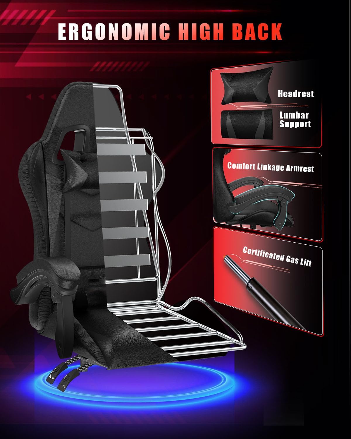 Racingreat Gaming Chair with RGB LED Lights, Ergonomic Computer Chair with Headrest and Lumbar Support, PU Leather High Back Height Adjustable Swivel Video Game Chairs for Adults(Black)