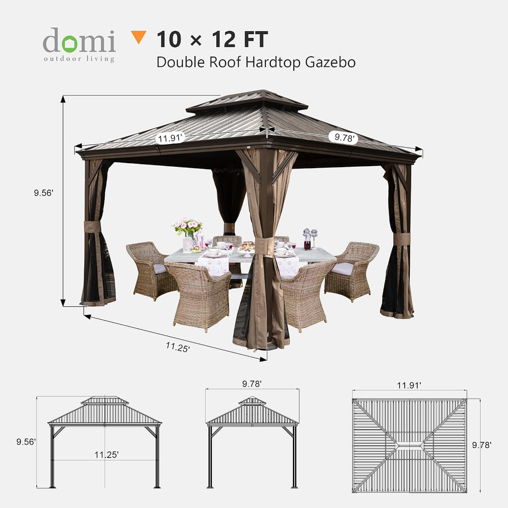 Domi 10' x 12' Outdoor Hardtop Gazebo, Upgraded Metal Gazebo with Galvanized Steel Double Roof, Heavy Duty Canopy Permanent Pavilion for Patio Lawn and Garden, Curtains and Netting Included, Brown