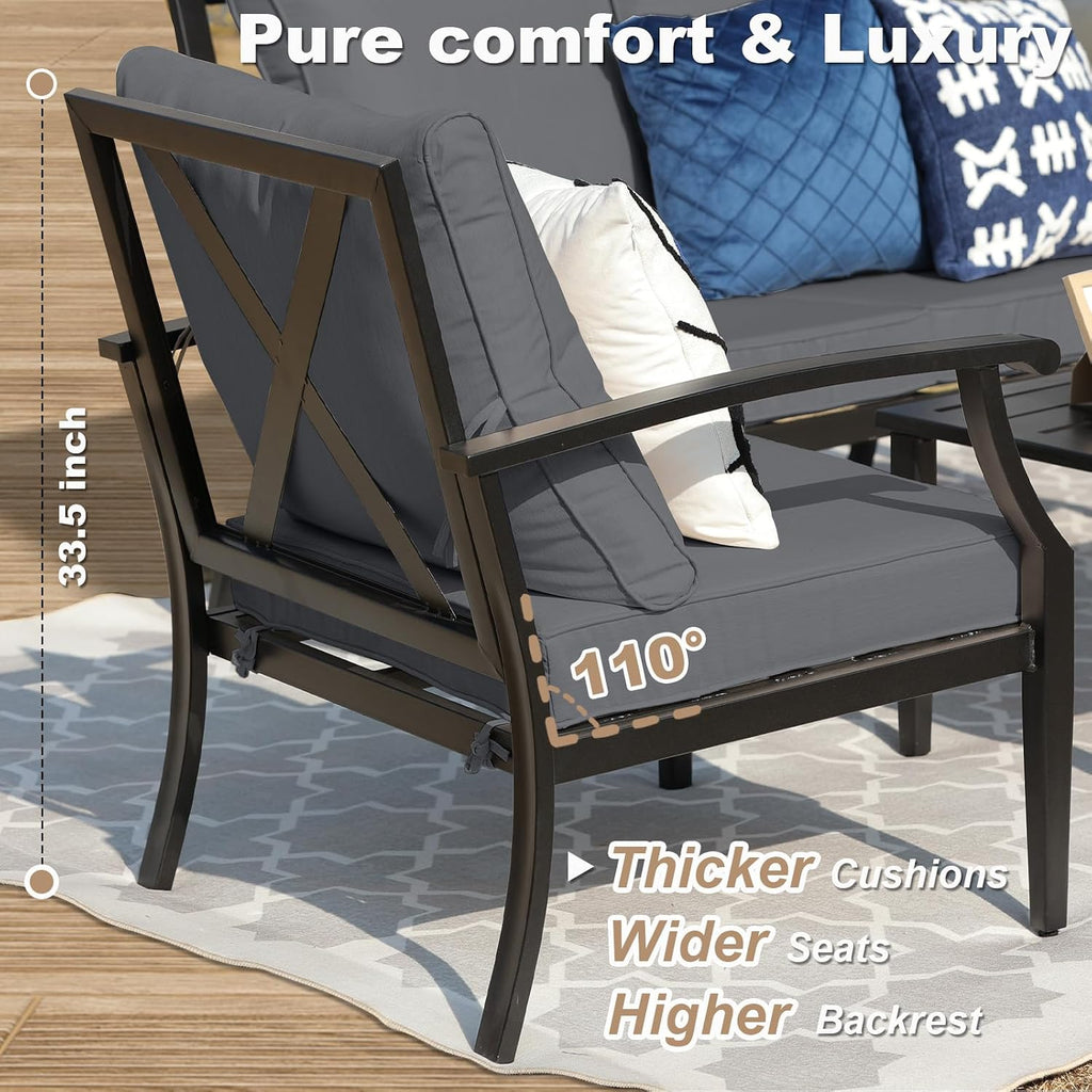 4-Piece Patio Furniture Set, Wider Outdoor Metal Seating Sofa with High Back & Lovsest, Coffee Table, All Weather Rattan Conversation for Backyard, Poolside, Deck-Grey