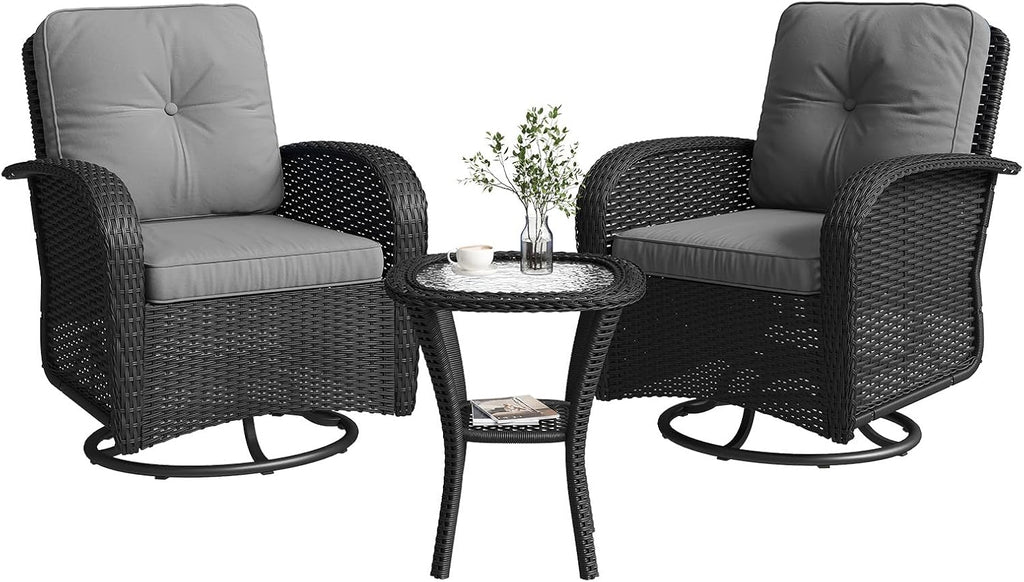 Aoxun 3 Pieces Patio Furniture Set, Patio Swivel Rocker Chairs Set of 2, Wicker Outdoor Bistro Set with Rocking Chair, Thickened Cushions and Table for Porch (Light Grey)