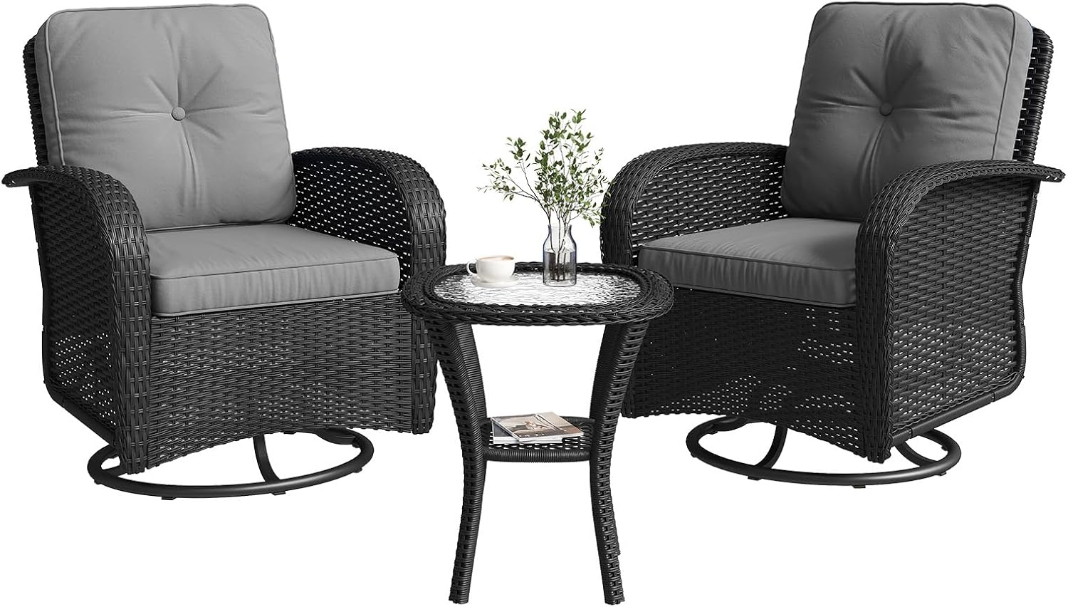 Aoxun 3 Pieces Patio Furniture Set, Patio Swivel Rocker Chairs Set of 2, Wicker Outdoor Bistro Set with Rocking Chair, Thickened Cushions and Table for Porch (Light Grey)