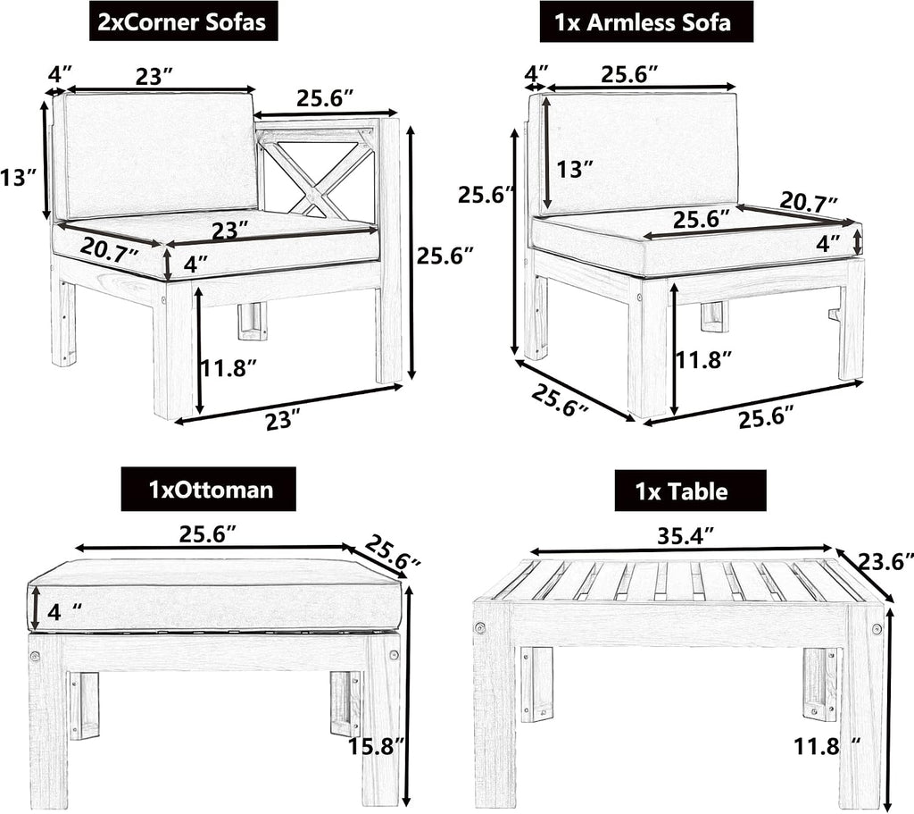 Upgrade Acacia Wood Outdoor Patio Sectional Sofa Set, 5-Piece All-Weather Conversation Sofa Set with Cushions and Side Coffee Table for Balcony Garden Backyard Poolside (Beige-UP)