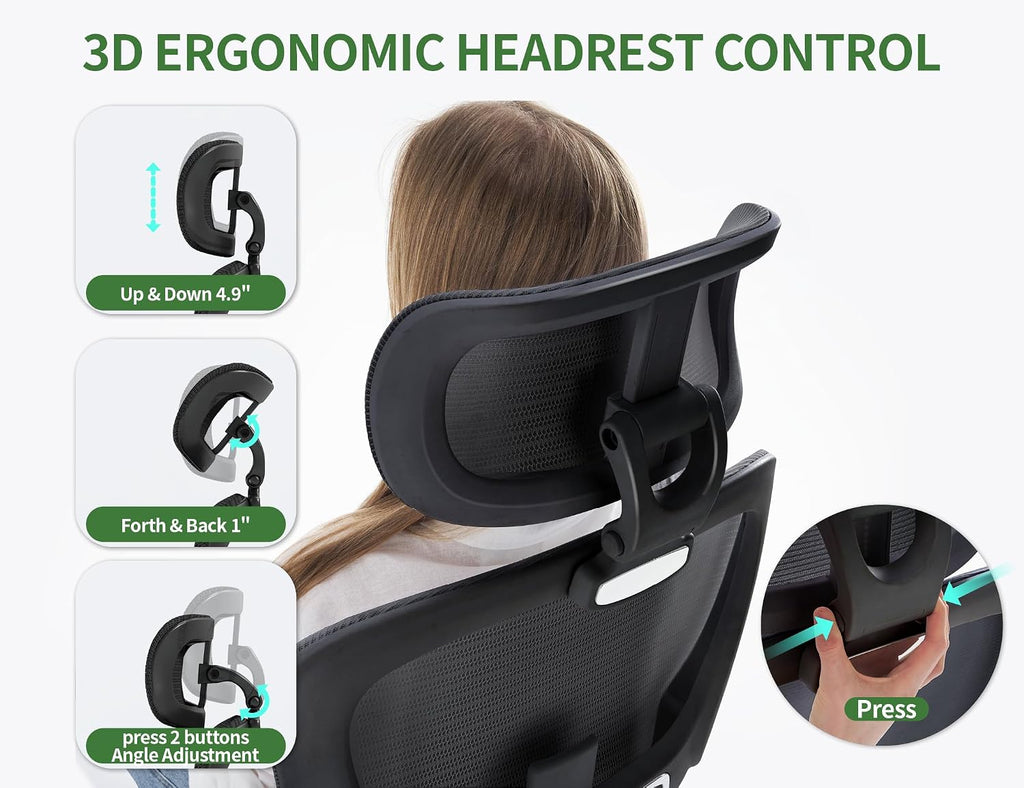 Office Chair - Ergonomic Desk Chair with Adjustable Headrest Lumbar Support Computer Chair - Mesh Comfy Chairs with Flip-up Armrests - Big and Tall Gaming Chairs for Adults Home Office(Black)