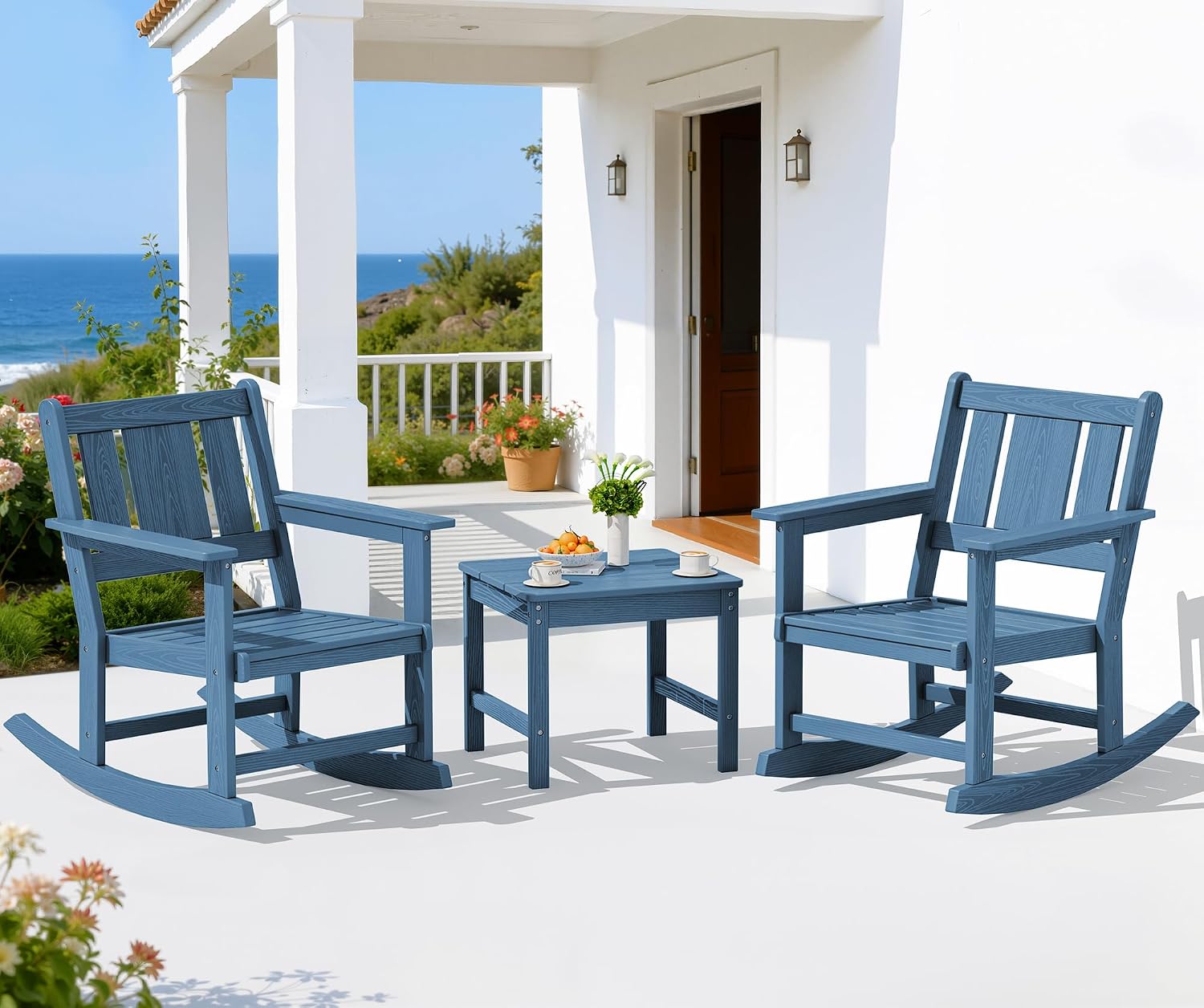 SERWALL Outdoor Rocking Chairs Set of 2 with Side Table, All-Weather HDPE 3 Piece Patio Furniture Set, Outdoor Bistro Set with Umbrella Hole for Porch Deck Lawn Balcony, Navy