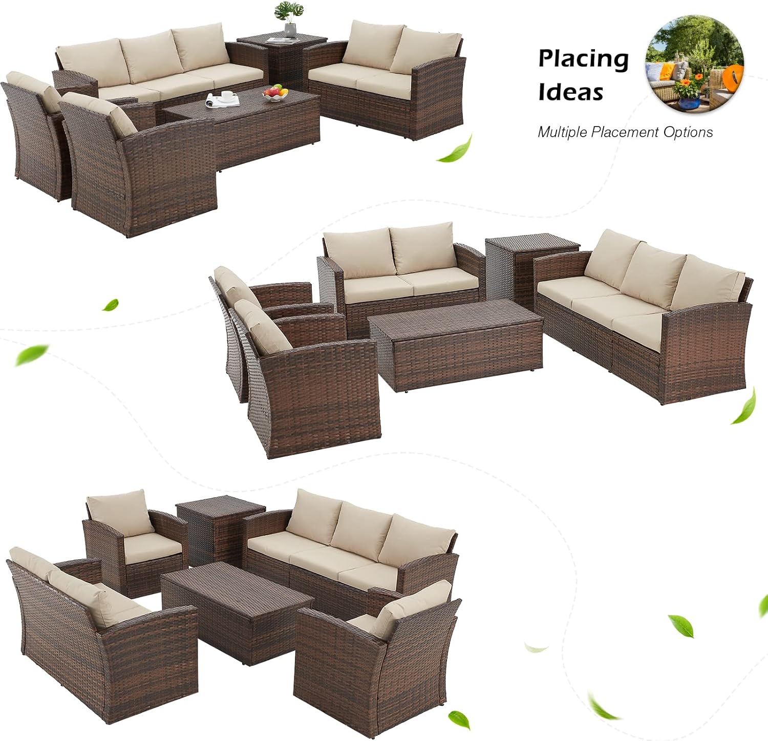 AECOJOY 7 PCS Patio Furniture Set with Two Storage Boxes&Patio Set Cover, Outdoor Rattan Conversation Set, PE Wicker Sectional Sofa Outdoor Furniture, Brown Rattan&Beige Cushions