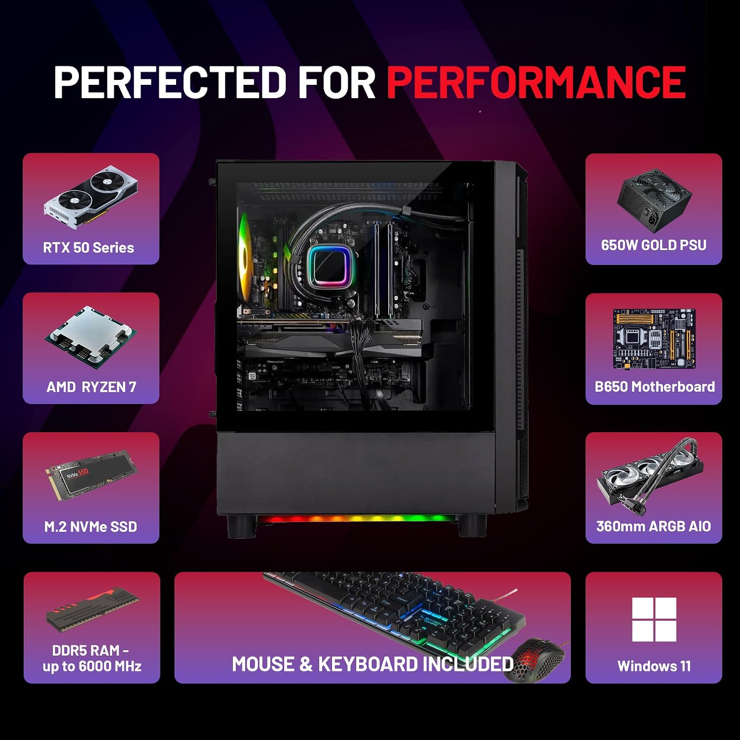 Skytech Gaming Shadow Gaming PC, AMD Ryzen 7 7800X3D 4.2GHz, NVIDIA RTX 5060 Ti 16GB VRAM, 1TB Gen4 NVMe SSD, 16GB DDR5 RAM 6000, 650W Gold PSU, 360 ARGB AIO, WI-FI 5, Windows 11, Desktop