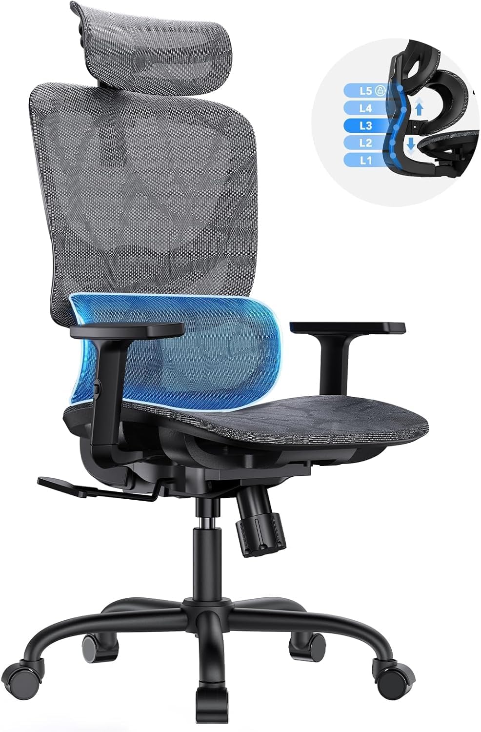 HUANUO Ergonomic Mesh Office Chair with 5-Level Lumbar Support, Computer Gaming Chair with Adjustable Headrest & Armrests, Rocking Tilt, Comfortable High Back Desk Chair for Home Office,4 Pack