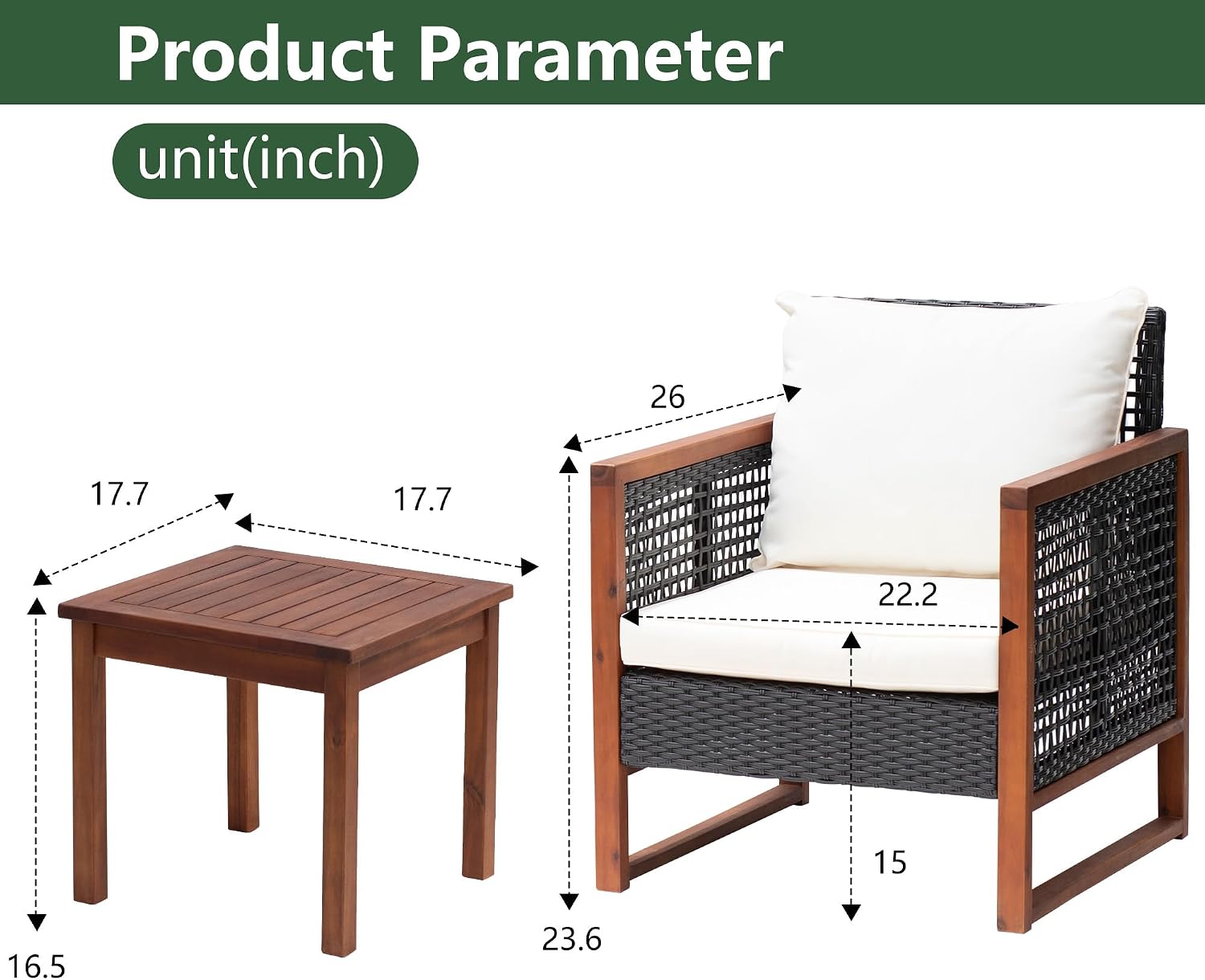 PayLessHere 3-Piece Outdoor Patio Furniture Set Modern Rattan Bistro Conversation Set with Acacia Wood Frame, Coffee Table, and Water-Resistant Cushions for Balcony, Garden, or Backyard (Khaki)