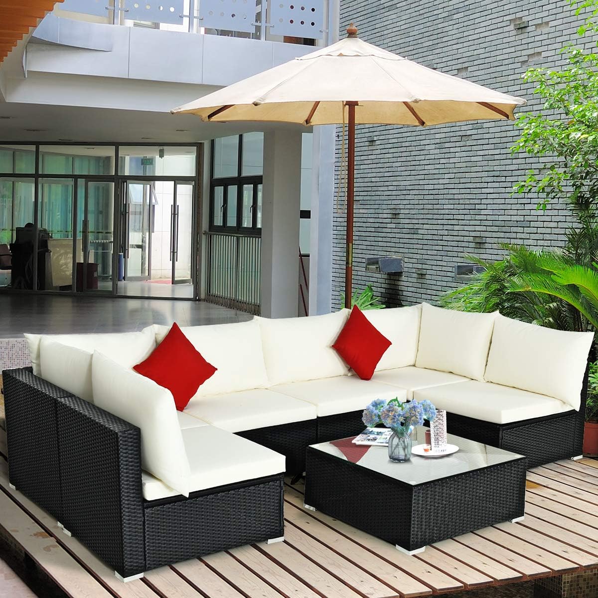 COSTWAY 7 Pieces Patio Furniture Set, Outdoor Rattan Conversation Set with 6 Seats, Coffee Tea Table, Soft Cushions, Wicker Patio Sectional Sofa for Garden Balcony Porch Poolside, Beige