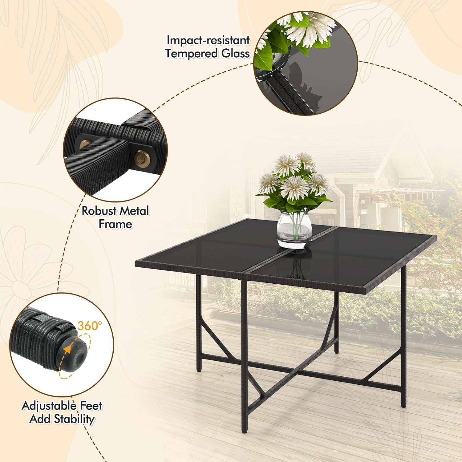 Tangkula 9 Pieces Outdoor Dining Furniture Set, Space-Saving Wicker Rattan Chairs & Tempered Glass Table with Ottomans, Cushioned Seat, Patio Conversation Set for Garden Yard Poolside