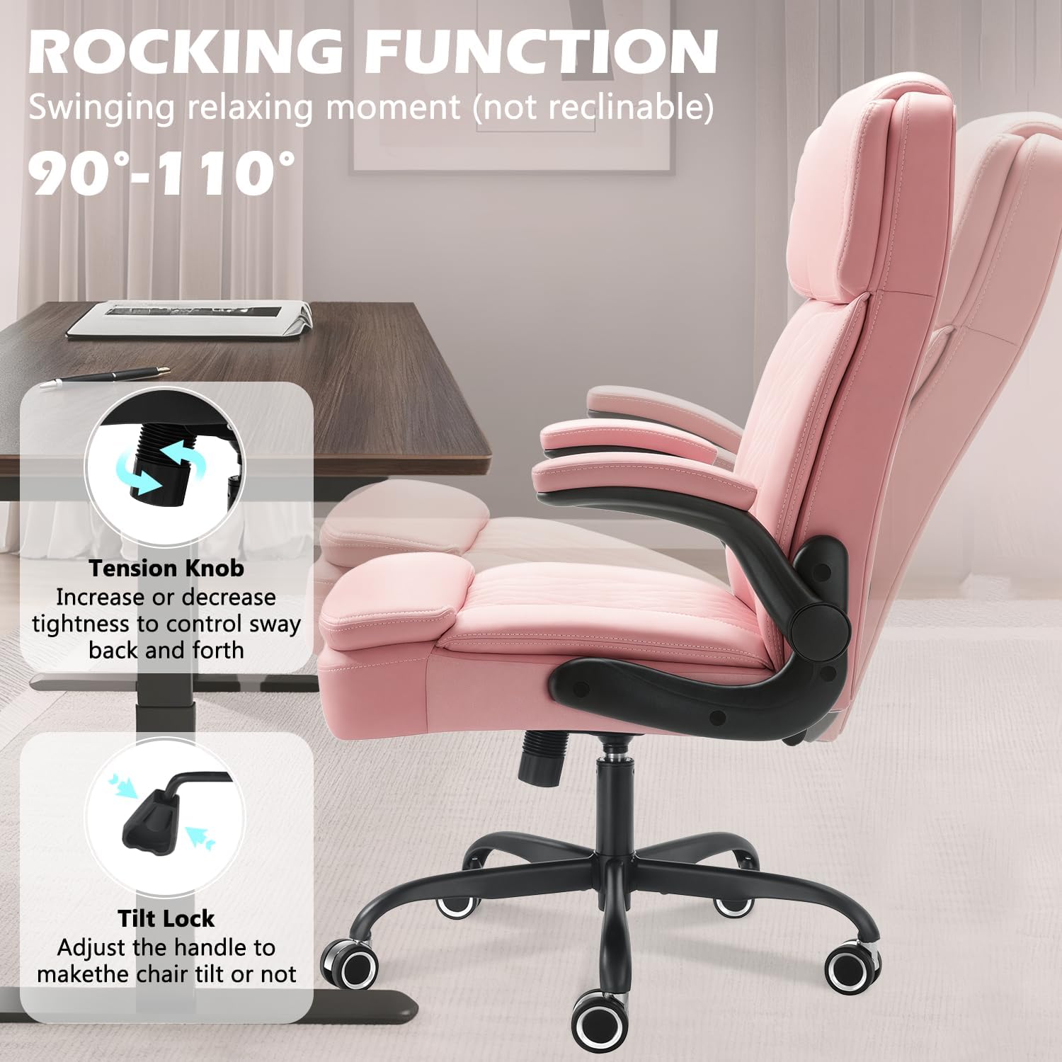 450 LBS Big and Tall Executive Office Chair with Flip up Arm, Heavy Duty Leather Computer Desk Chair,Comfortable High Back Swivel Home Office Chair with Rolling for Adults (Pink)